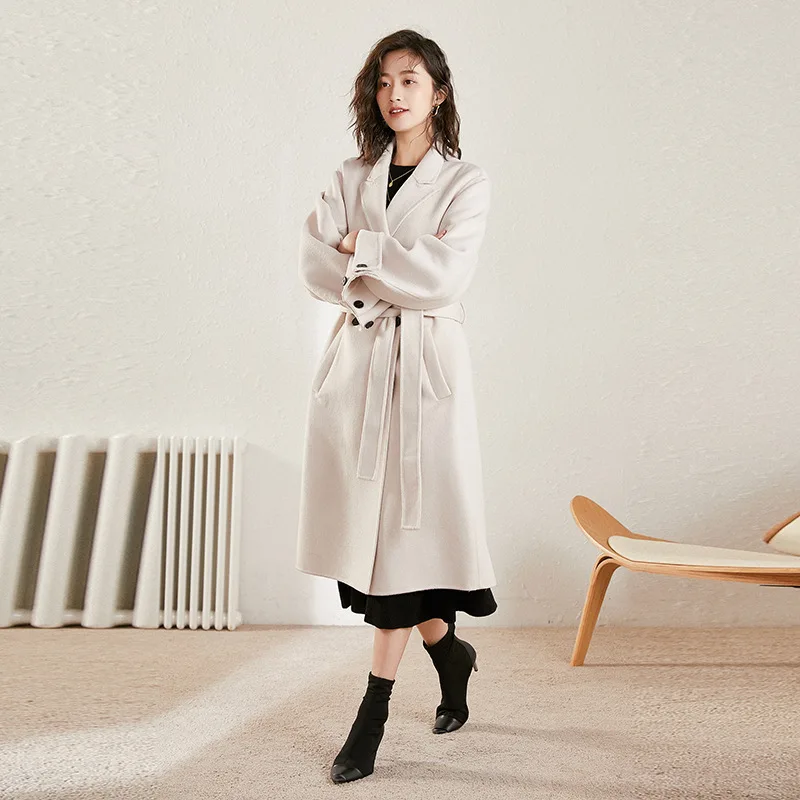 

SHENGPALAE Wool Overcoat Women's Winter 2021 Double Breasted Lapel Korean Loose Solid Color Long Lace Up Waist Woolen Coat 5A927