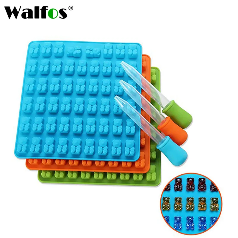 WALFOS Silicone Forms Silicone Mold Gummy Bear Shape Bear Mould Jelly Bear Cake Candy Trays With Dropper Rubber Chocolate