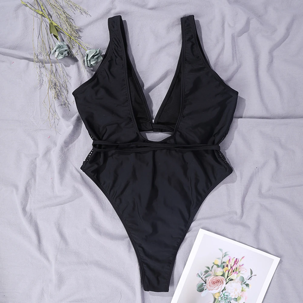 

2021 New Sexy Mesh One Piece Swimsuit Women Bandage Hollow Out Swimwear Female Bodysuit Push Up Monokini Bathing Suits Swim Lady