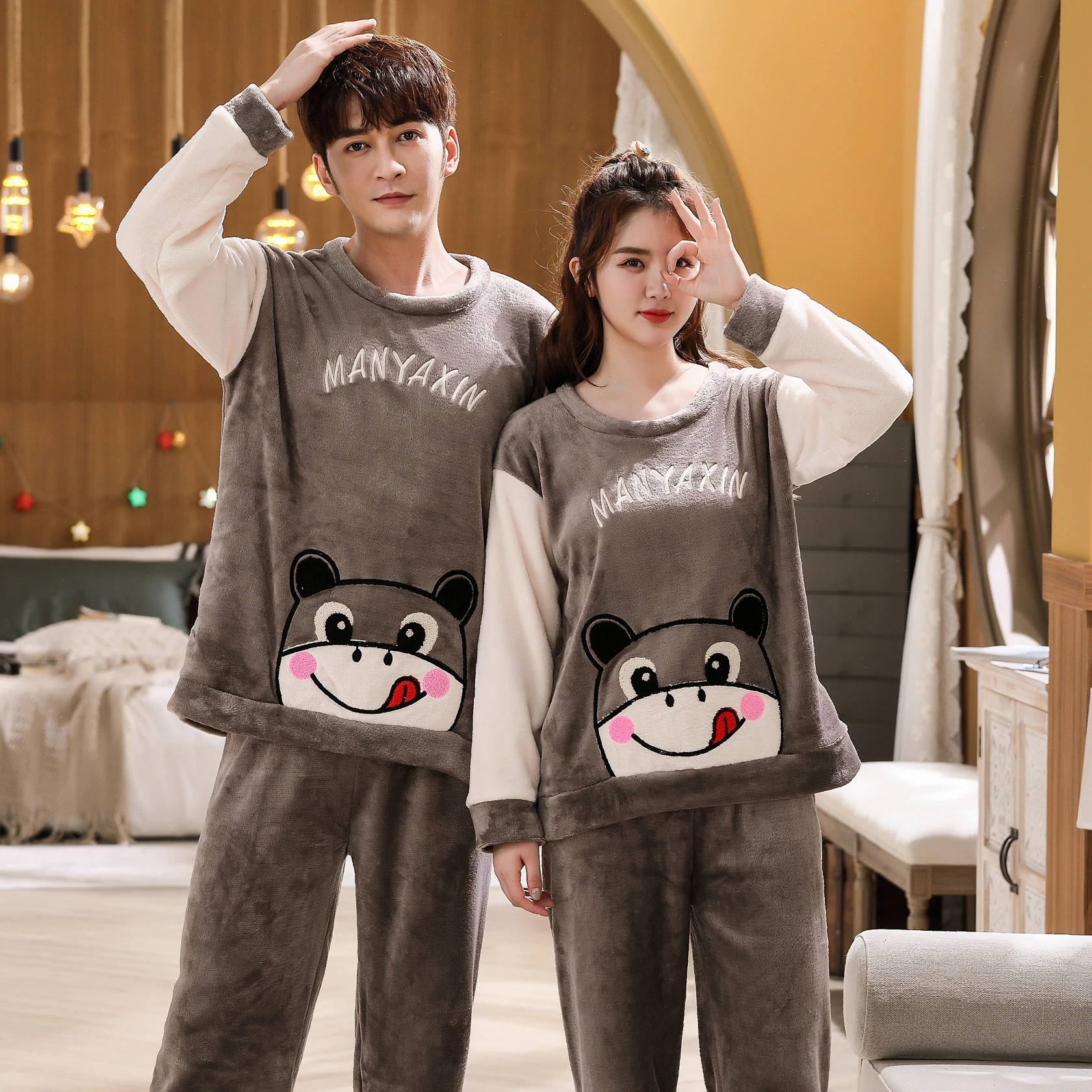Пижама Mujer зимняя Фланелевая для пары комплект с круглым вырезом размера плюс