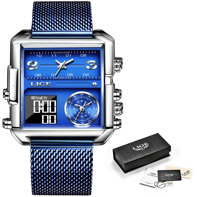

LIGE 2021 New Fashion Square Mens Watches Top Brand Luxury Ultra-thin Mesh Waterproof Electronic Watch Men Sport Alarm Clock Man