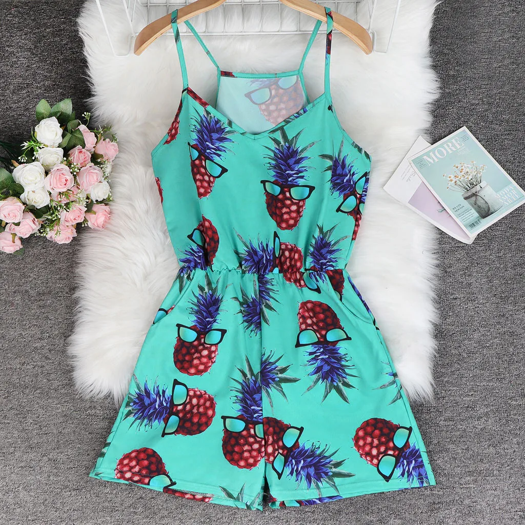 

Jumpsuit Women Gym Clothing Bodysuit Fashion Summer Casual Floral Printed Spaghetti Cami Playsuit Pockets