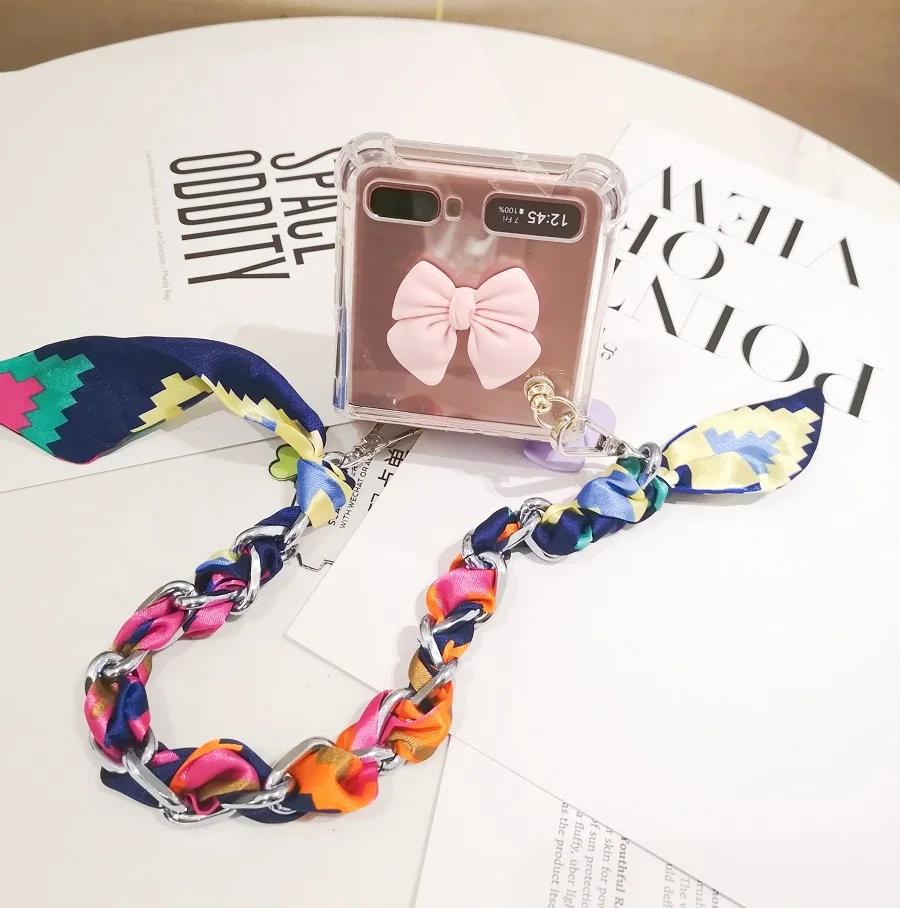 DIY чехол для телефона Samsung Z флип с ремешком розовый бант ударопрочный шелковой