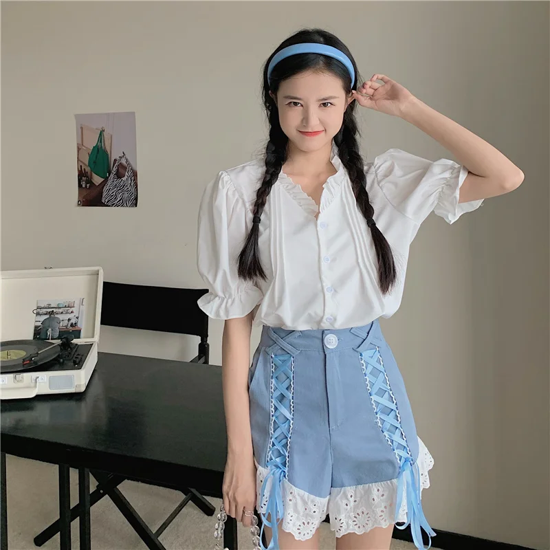 

Fashion High Waist Splicing Lace Shorts Women 2021 Summer Loose Lace Up Wide Leg Pants Plus Size M-4XL Femme Casual Streetwear
