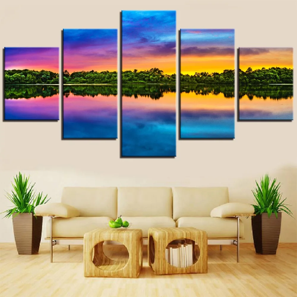 

5 Pieces Landscape Canvas Wallpapers Trees Lake Sky Posters Sunset Water Reflection Picture Painting For Home Room Decor Artwork