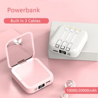 20000mah power bank with micro usb type c cable portable charger makeup mirror powerbank for iphone 12 samsung xiaomi poverbank