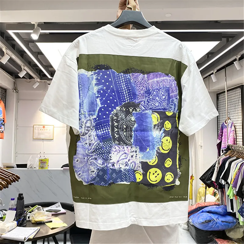 

2021FW KAPITAL Blue Dye Smiley Cashew Flower Printing T-shirt Men Women 1:1 Best Quality High Street Casual KAPITAL Tops Tee