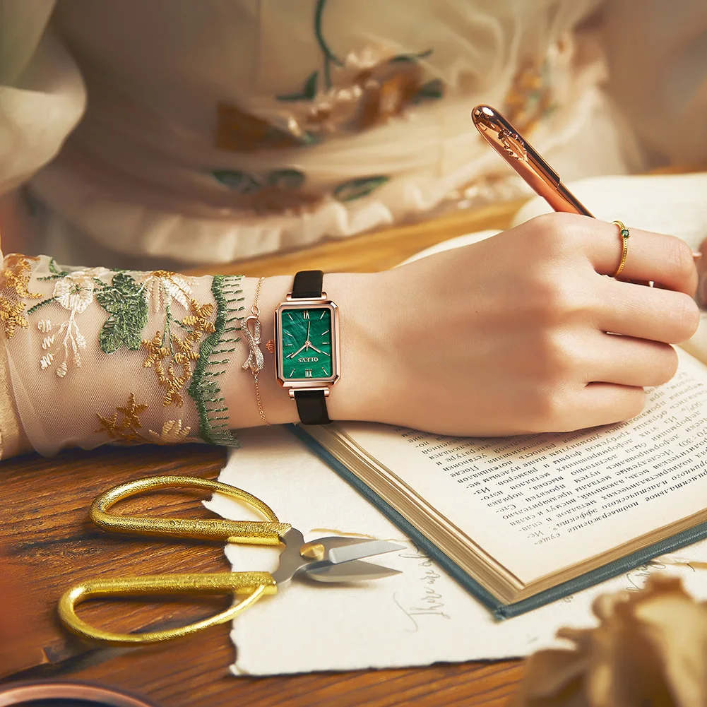 

video! OLVES Meteor Malachite Small Green Dial Rose gold/silver leather/steel bracelet Fashion Woman Gift Quartz watch