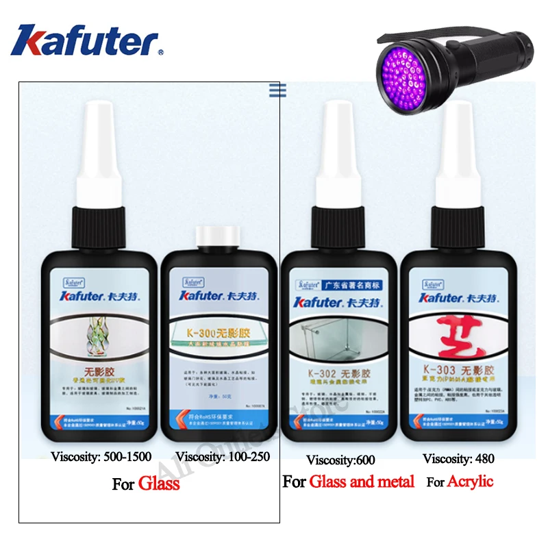 

Strong 50ml Kafuter UV Glue UV Curing Adhesive K-300 302 303 Transparent Crystal and Glass Adhesive with 51 led UV Flashlight