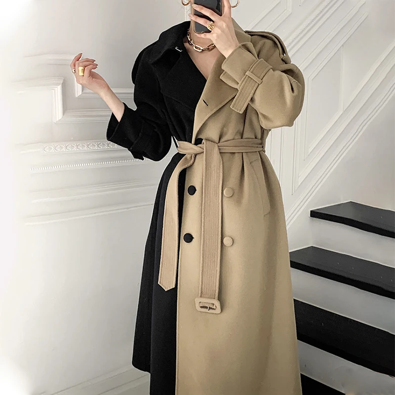 

2021 Women Winter Patchwork Long Cashmere Coat Jacket Waistbelt Double Breasted Slim Waist A-line Woolen Overcoat Cloak Outwear