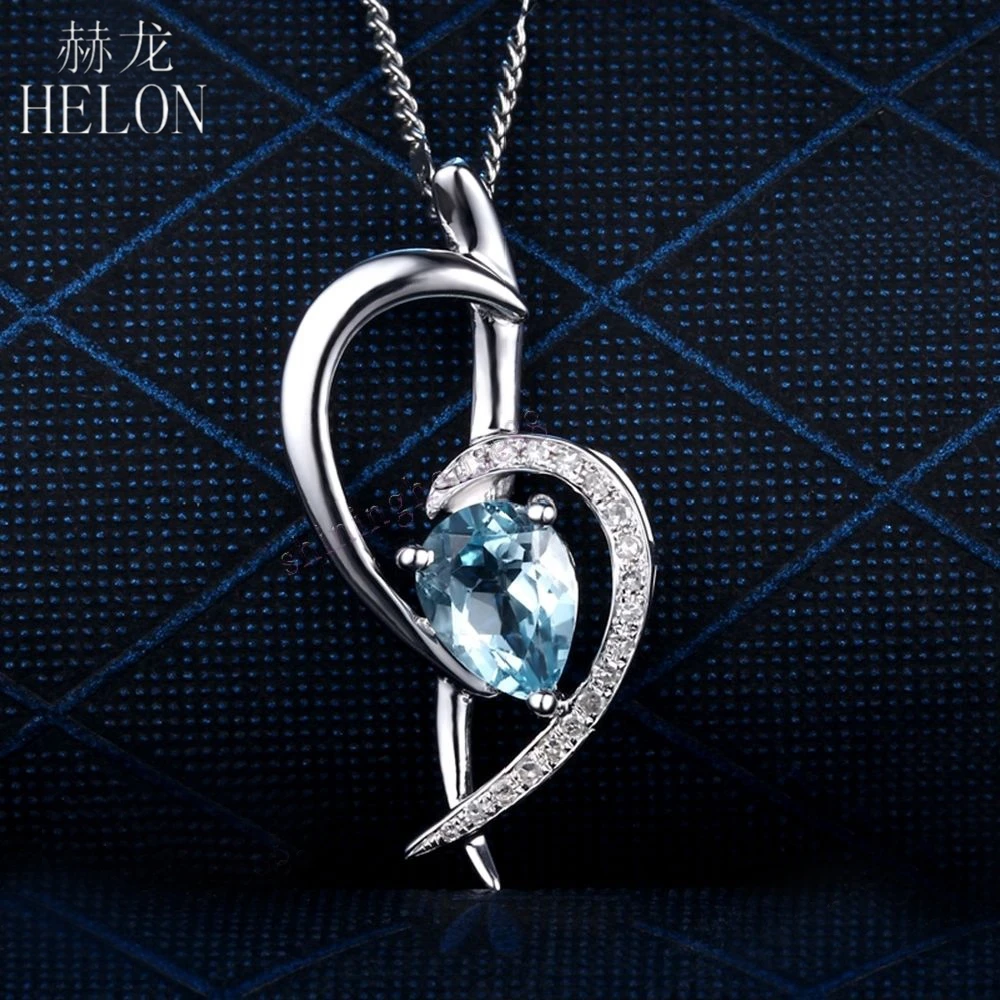 HELON Solid 14K белое золото груша 1.56ct натуральный, небесно-синий топаз и Алмаз Кулон помолвка свадебные женские ювелирные изделия кулон