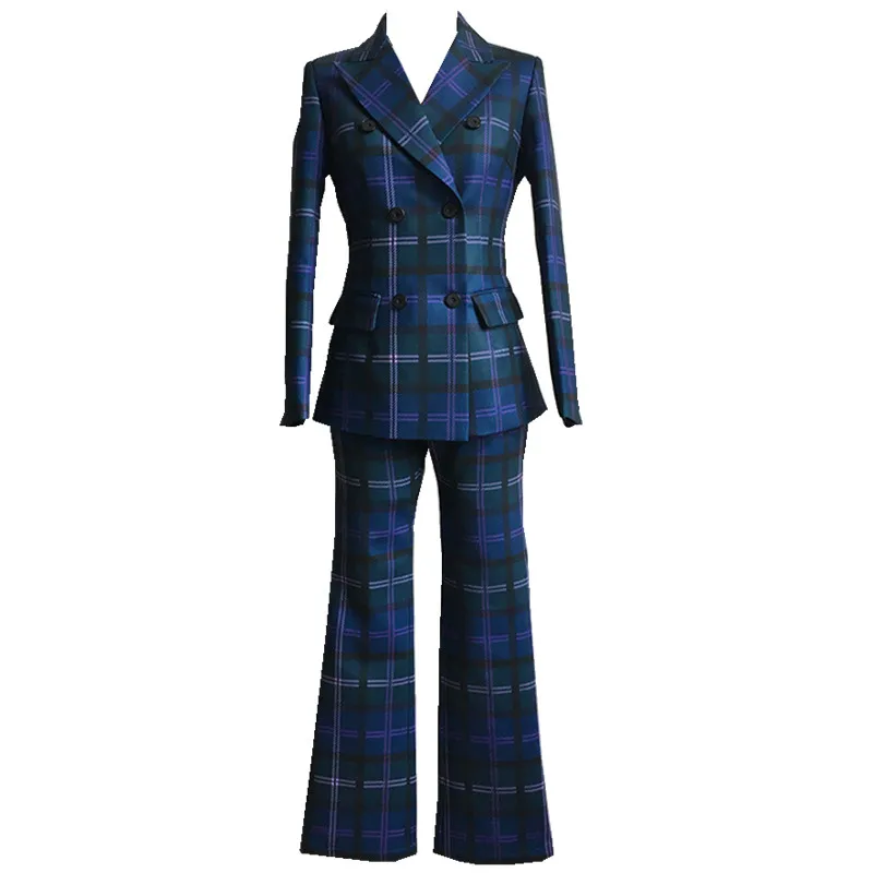 

S-3XL high quality new fashion plaid print Slim thick fabric suit double-breasted shirt flared trousers women's suit