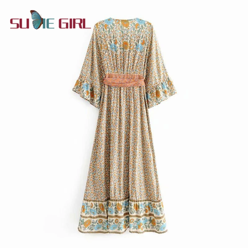 

SUDIE Girl Vacation style V-neck positioning printing lace-up dress casual five-point sleeve ruffle dress