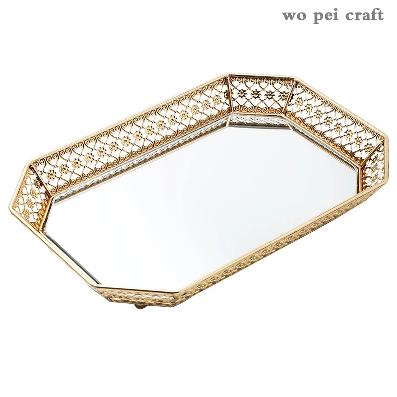 

Nordic Agate Texture Metal Storage Tray Fruit Food Teacup Home Storage Plates Golden Polygon Jewelry Necklace Display Tray