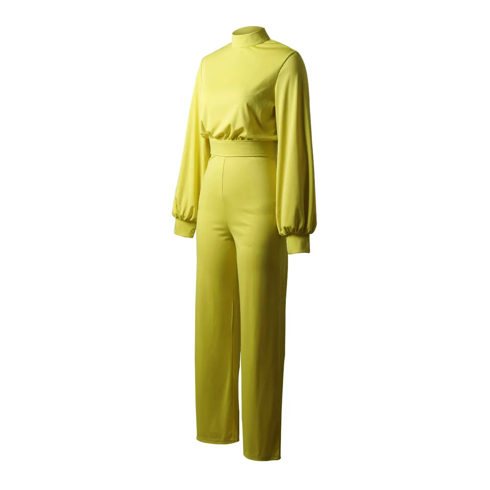 

Casual Women's Jumpsuit Turtleneck Lantern Sleeve High Waist Slim Wide Leg Flare Pants Backless Button Elegant Jumpsuits Yellow