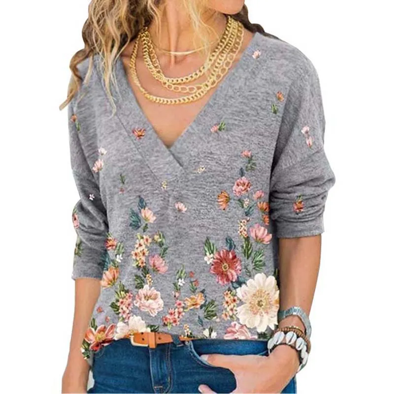 

Summer Elegant Floral Print Oversized T Shirt Womens Clothes Casual Sexy Deep V Neck Long Sleeve Loose Ladies Vintage Tops