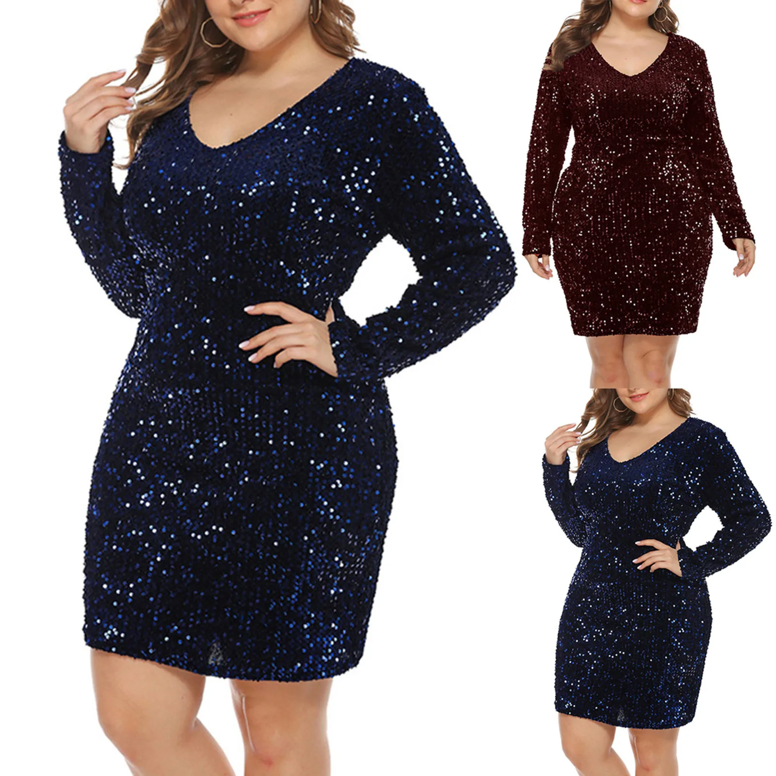 

Plus Size Women Sexy Dress V-neck Solid Nightclub Sequins Long Sleeve Tight Buttocks Dress Casual Plus Size Women Clothing