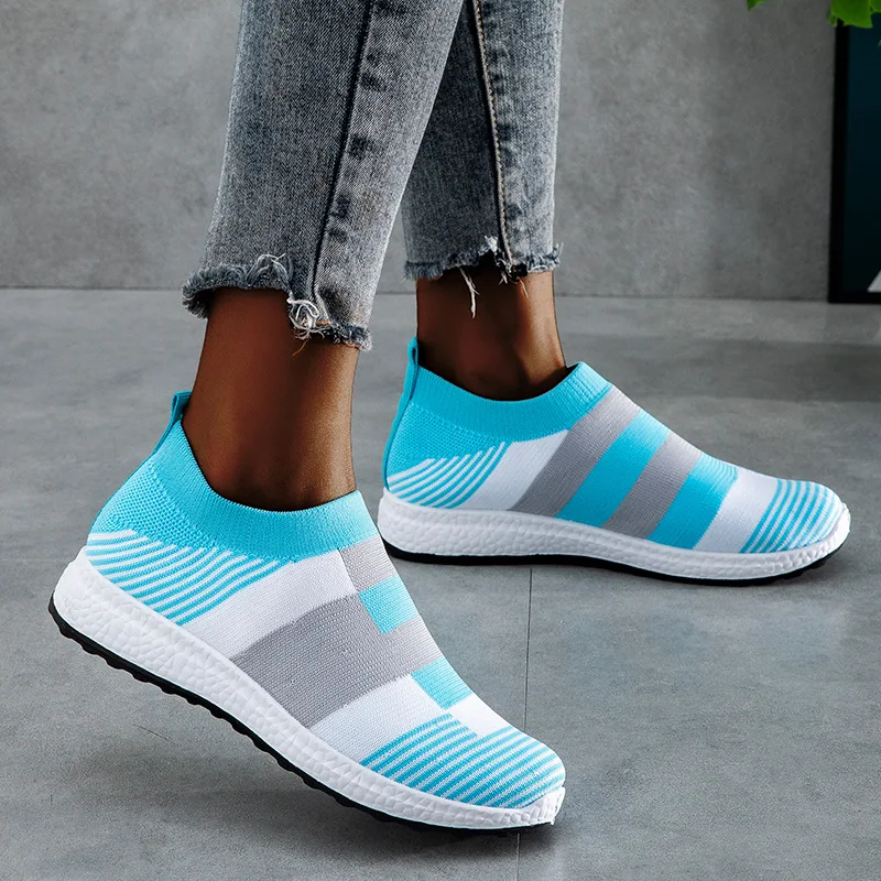 

New Sky Blue Sneakers For Girls Autumn Breathable Running Jogging Shoes Women Knitted Sneakers Elderly Slip On Shoes Big Size 43