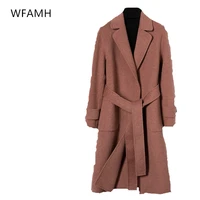 2021 spring and autumn new fashion casual lapel tie belt concealed buckle double sided wool long coat women polyester solid full
