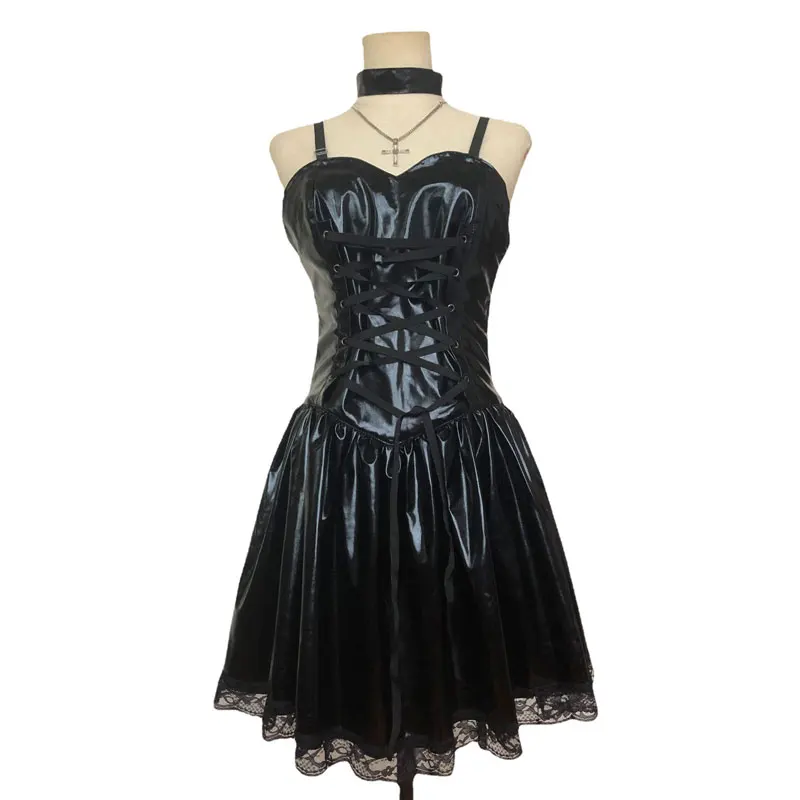 

Death Note Cosplay Costume Misa Amane Imitation Leather Sexy Dress +gloves+stockings+necklace Uniform Outfit Cosplay Costume