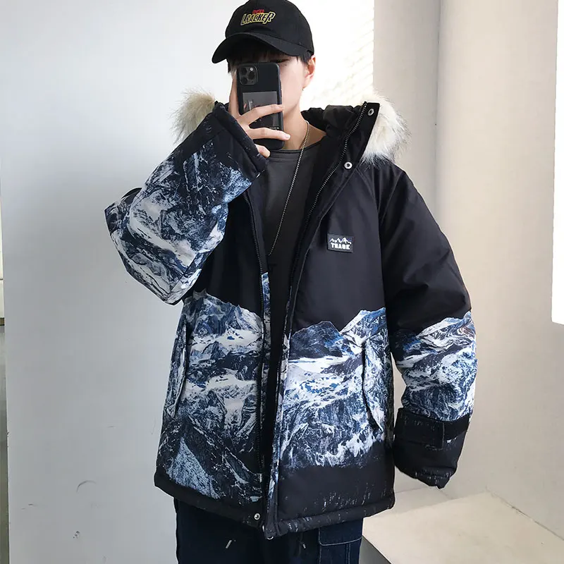 M-5XL Plus Size Men's Winter Puffer Jacket Thicken Winter Coat Warm Outwear with Removerable Fur Hood Mountain Printed Coat Mens