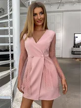 SRUBY Pink Mesh Sleeve Double Button Wrap Dress Office Lady Elegant Blazer Woman Dress V-neck Winter Party Dress Christmas (2)