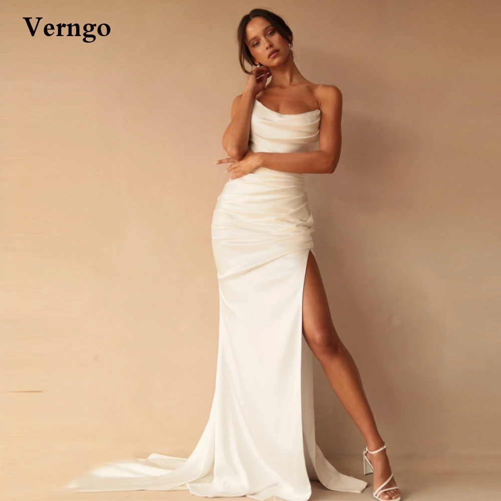 

Verngo Simple Mermaid Silk Satin Wedding Dresses Strapless Side Slit Pleats Bridal Gowns Women Elegant Bride Formal Dress