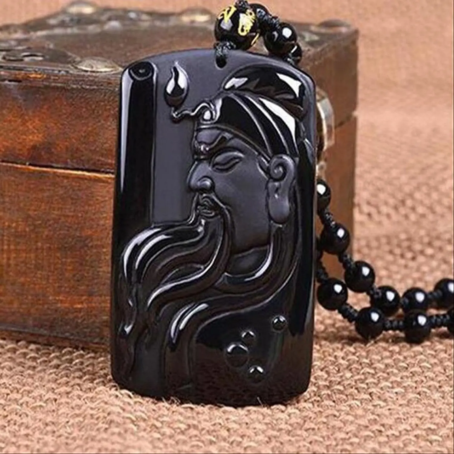 LETSFUN Изящные ювелирные изделия ручной работы резной природный обсидиан Гуань Юй