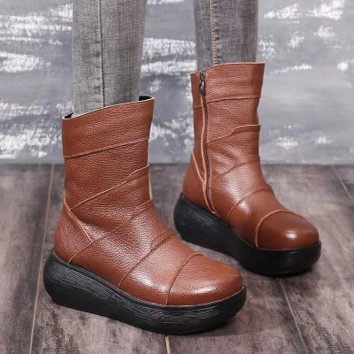 

2021 women's boots winter new all-match leather mid-tube wedge with round toe thick bottom plus velvet plus size women's boots