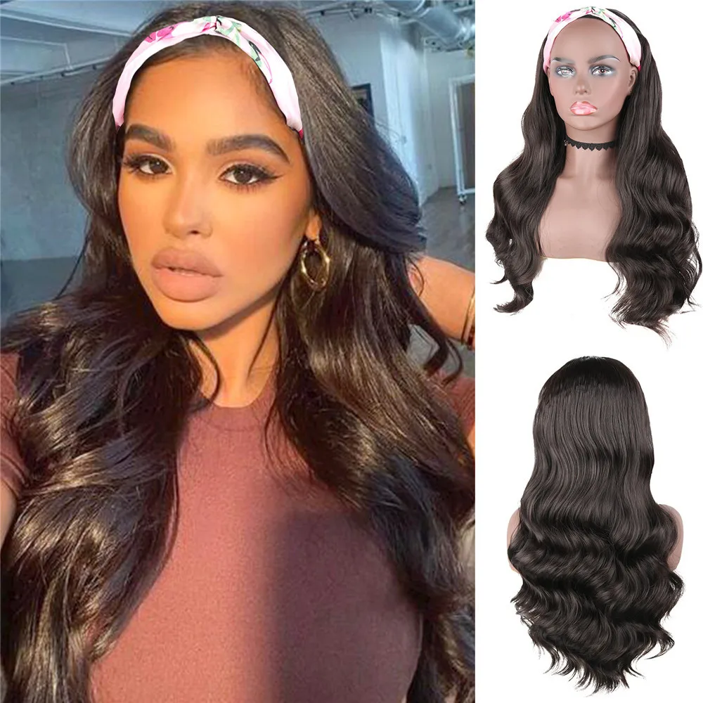 Women Brown Long Wavy Synthetic Wig Headband Hair Wig For Women Daily Party Cosplay Use Heat Resistant Fiber Nature Looking Wig