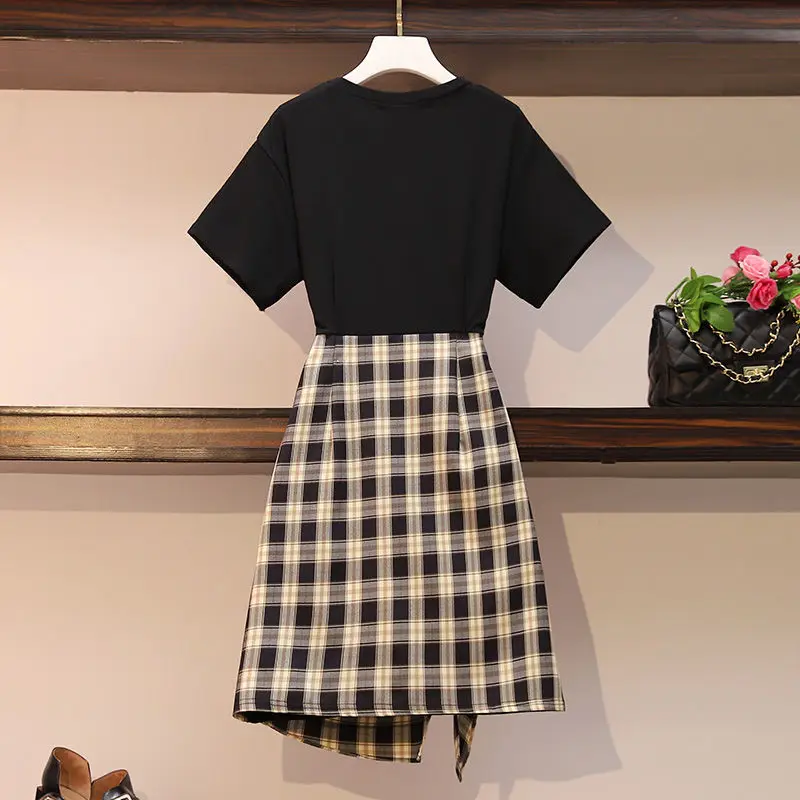 

Fake Two-piece Stitching Dress Plus Size Women's 2021 Summer New Fat Sister Was Thin and Meat-covering Skirt