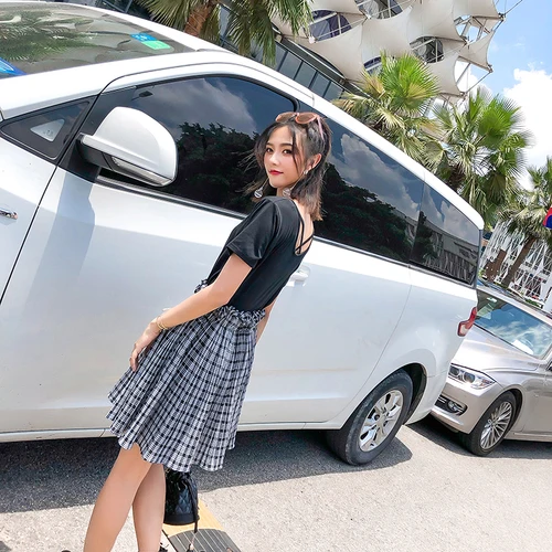 

Korean New 2019 Plus Size Casual Two Piece Set Plaid Loose Brief 2 Pcs Set Vintage A-line Fashion Conjunto Feminino