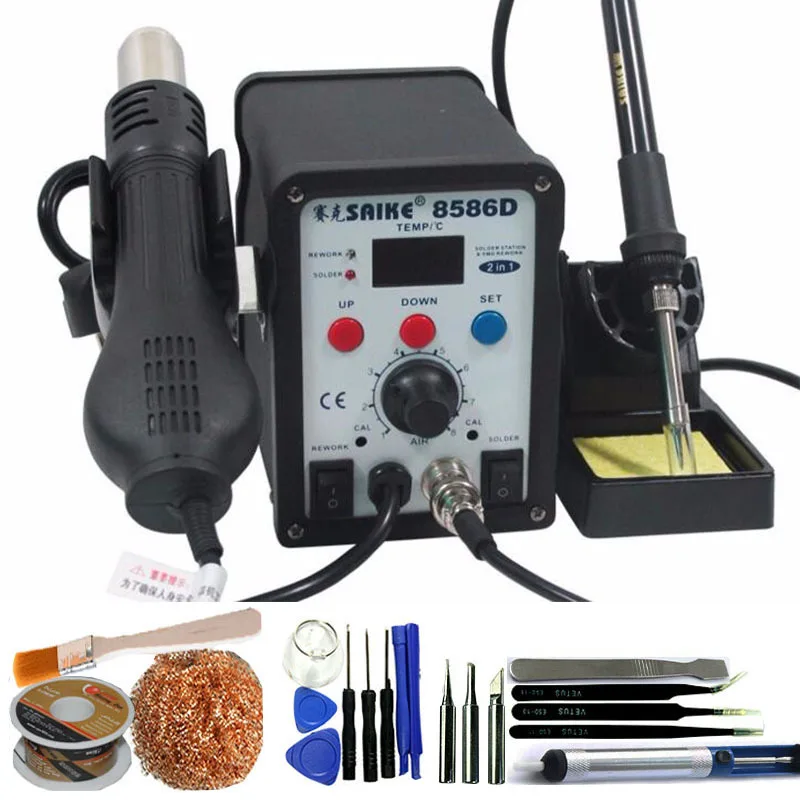 Станция для распайки горячим воздухом с ЖК дисплеем тепловая пушка + паяльник 220 В