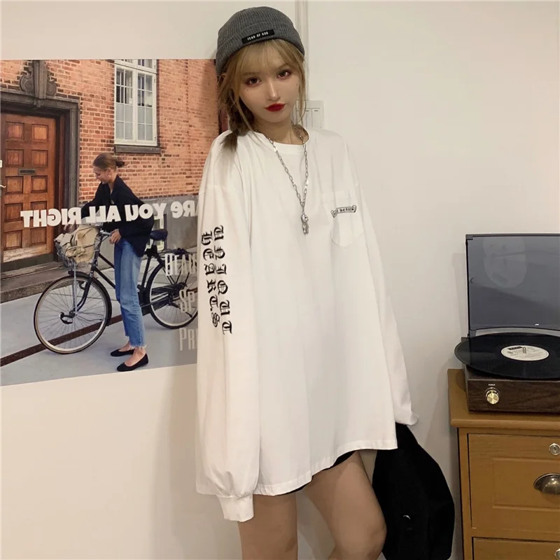 

Hong Kong Chic Long-Sleeved T-shirt for Women 2021 Loose Korean Ins Trendy Harajuku Style BF Versatile Thin Early