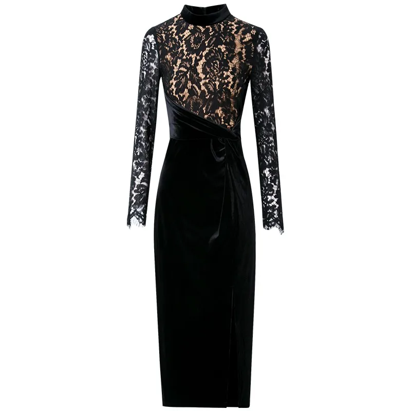 

Lace Splicing Velvet Vestidos Elegant Split Robe Trendy Black Plus Size Dress Women Spring Fall Autumn Office Ladies Midi Dress