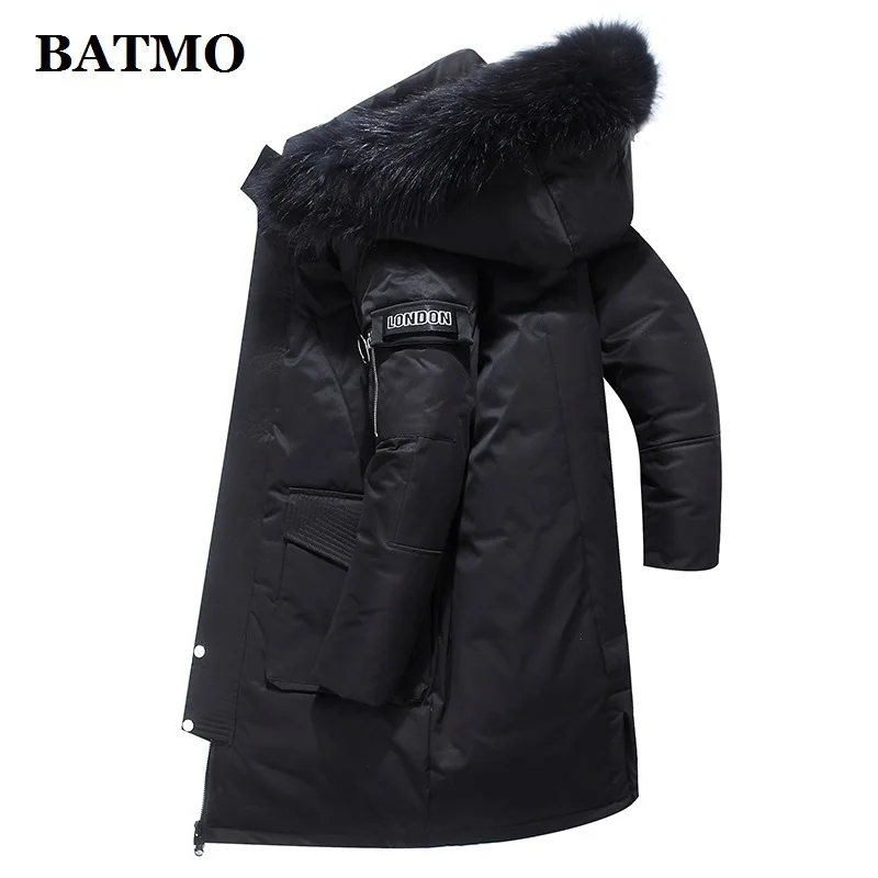 Мужская куртка на 90% белом утином пуху BATMO с капюшоном и воротником из меха енота