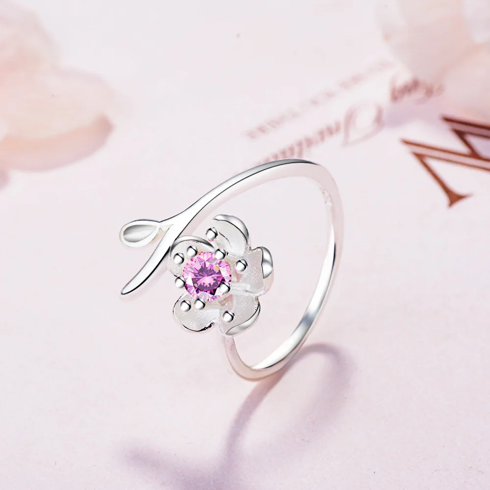 

WANGAIYAO cherry blossom ring female Japan and South Korea cute temperament simple inlaid zircon flower open ring