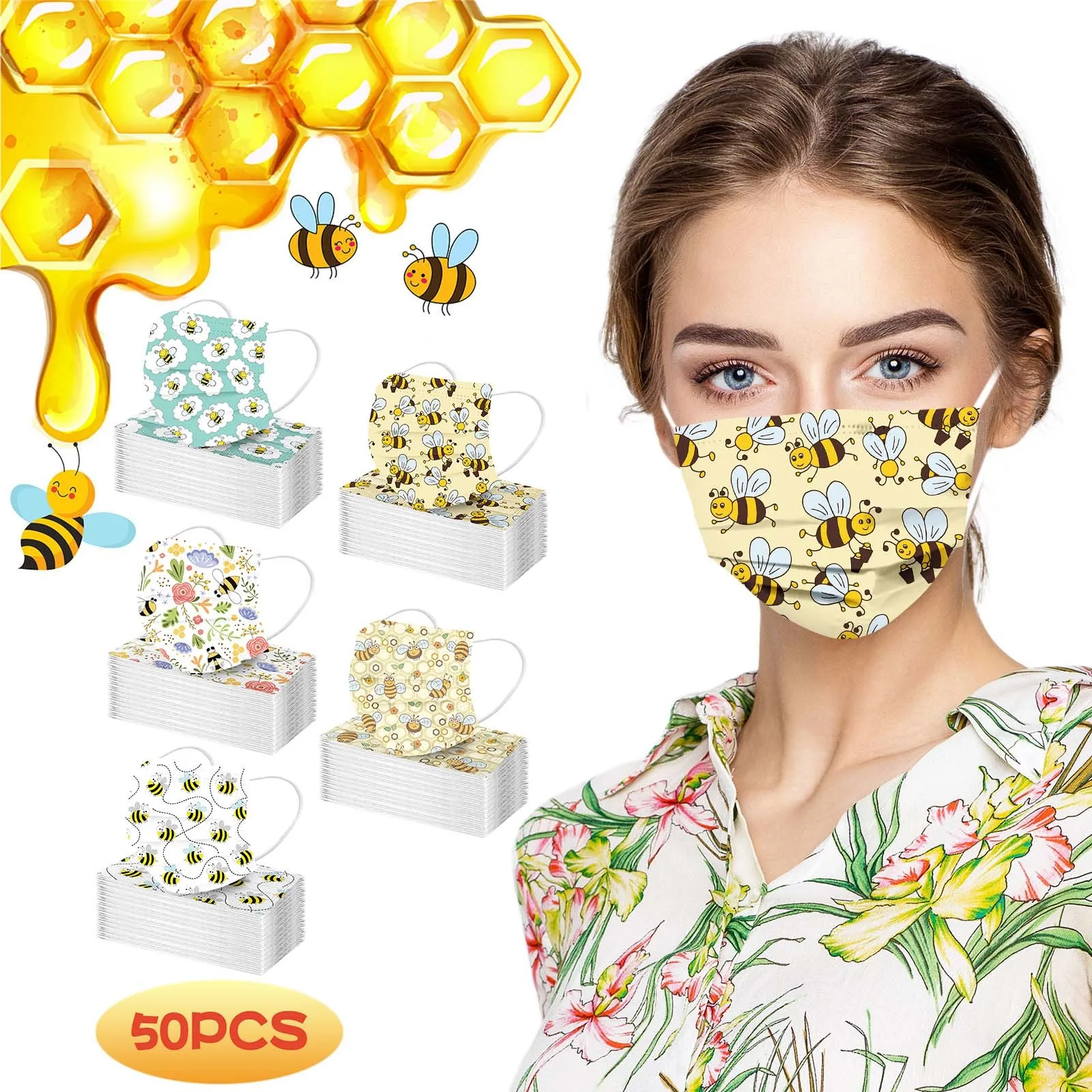 

50pcs Adult Bee Print Masks Mouth-muffle Disposable Earloop Mask Dustproof Face Mask 3 Layer Ply Meltblown Cloth Filter masque