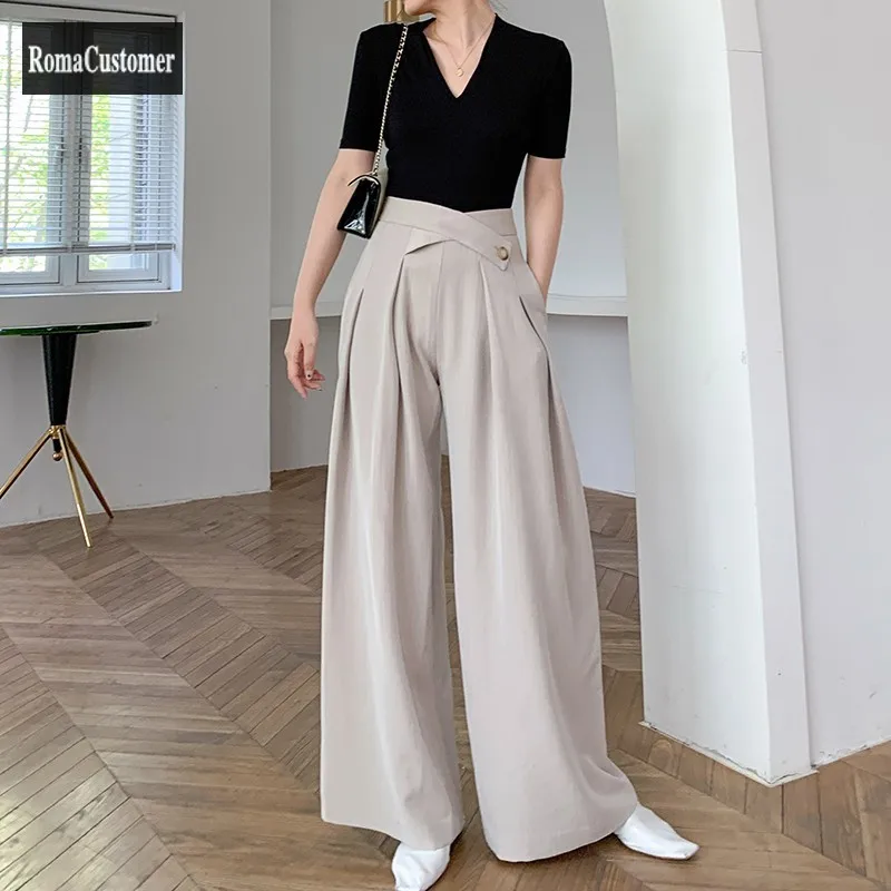 

Wide Leg Pants Womens High Waist Spring Autumn New Loose Vintage Solid High Street Casual Pockets Korean Elegant Female Pants