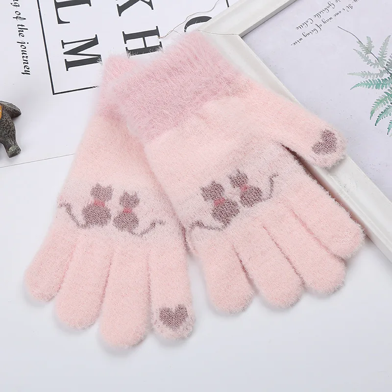 

Winter Kdis Warm Gloves Students Boy Knitted Plush Thicken Full Finger Mitten Outdoor Pink Cute Cat Girls Mittens 7-14T