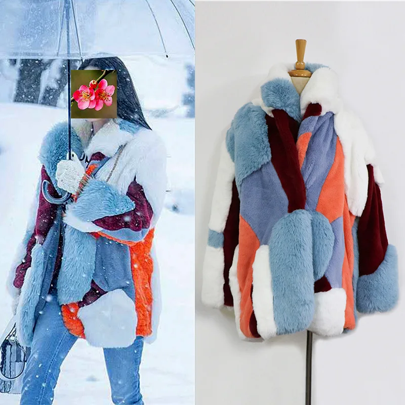 

Fashion Trend Turn-down Collar Full Sleeve Color Matching Long Fur Coat Women Wool Coat Thick Warm Winter Woolen Colorful Jacket
