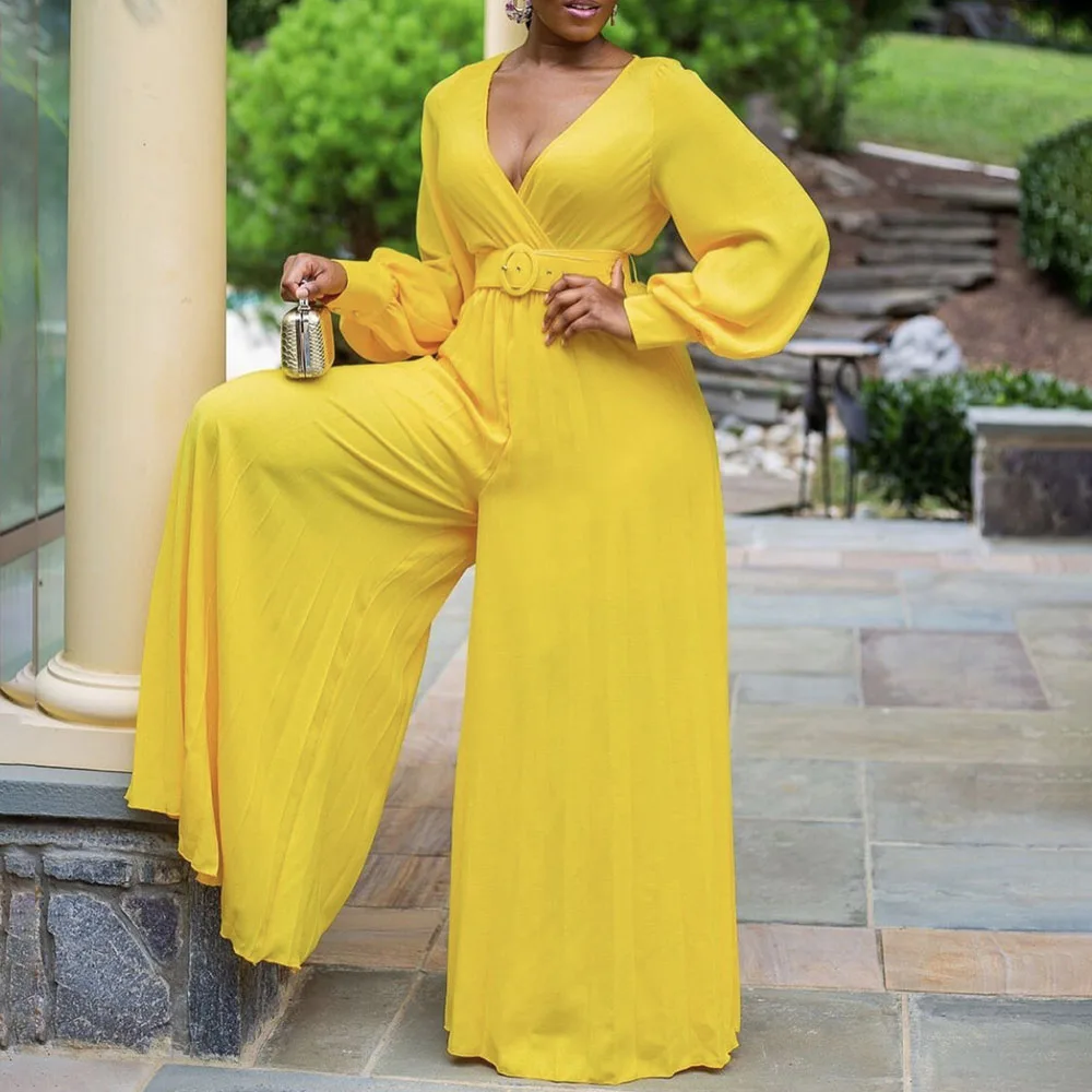 

Europe America New V-neck Jumpsuit Fashion Lantern Sleeve Solid Color Long Pleated Wide Legs High Waist Summer 2021
