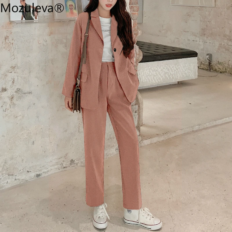 

Mozuleva 2020 Notch Collar Single-button Women Slim OL Blazer&High Waist Pockets Straight Suit Pants Two Pieces Business Suits
