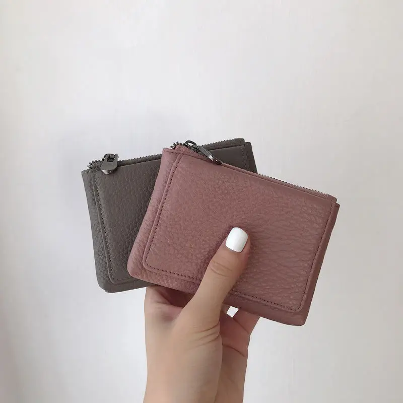 

Women Wallet Short Small Genuine Leather Soft Credit Cards Holder with Zipper Coin Pocket Key Chain Ring Small Purse Bag