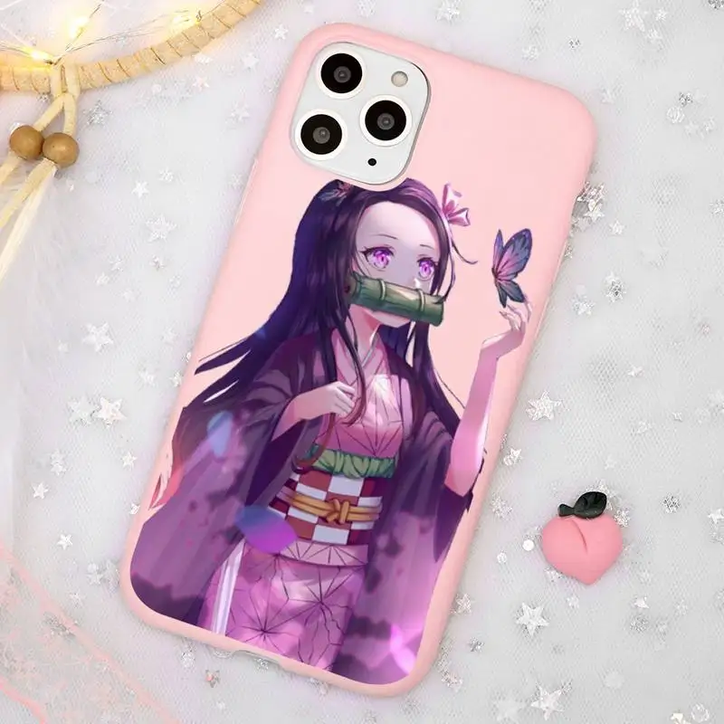 

Kimetsu No Yaiba Demon Slayer Phone Case Candy Color Pink for iPhone 11 pro XS MAX 8 7 6 6S Plus X 5S SE 2020 XR