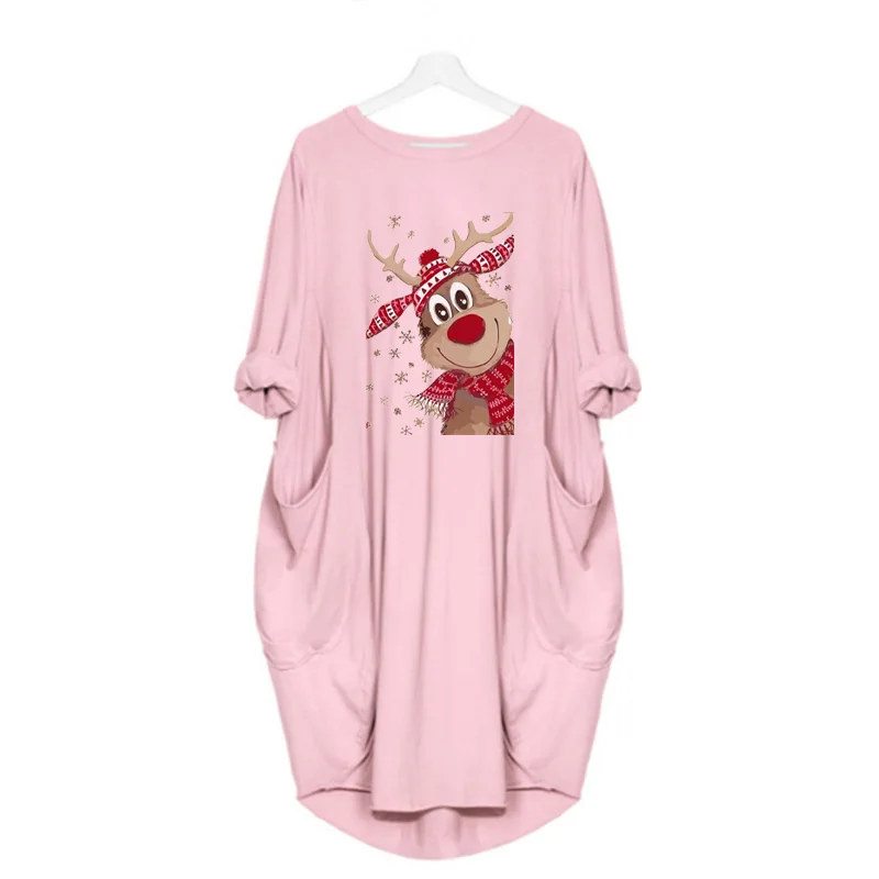 

Fall Winter Long Sleeve Women Christmas Dress Cute Reindeer Print Pocket Elegant Loose Red Dresses Plus Size Party Vestidos Robe