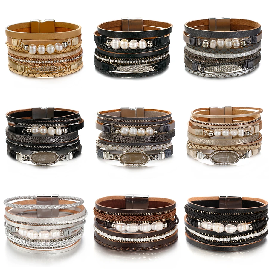 Amorcome – Bracelet de perles en cuir pour femmes  fermoir magnétique multibrins  breloques tressées