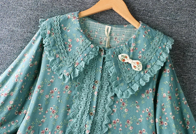 

Summer Women Cotton Dresses Japan Style Mori Girl Floral Print Peter Pan Collar Loose Lace Short Sleeve Dress