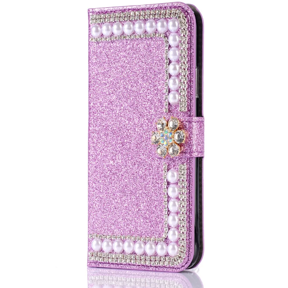 

For Samaung S21FE S20FE S20 Plus S20Ultra A11 A01 A70E J2 Pro S5 Bling Rhinestone Pearl Shiny Card Slot Wallet Flip Leather Case