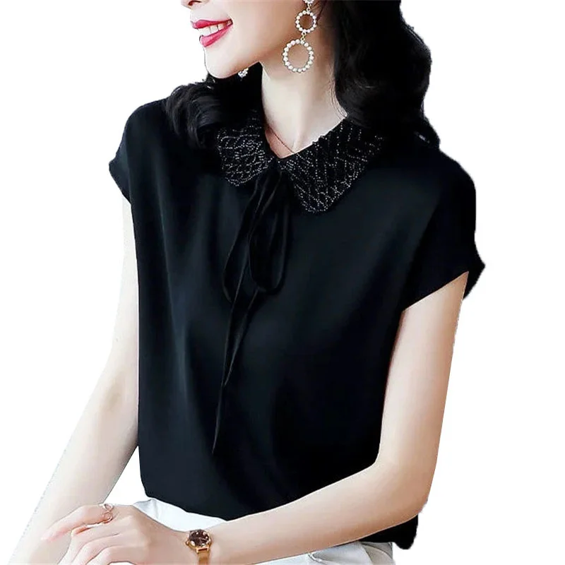 

2021New Summer Loose High-end Satin Shirt Women Imitate Silk Black Blouses Female Pullover Shirt Ladies Slim Fit Casual Tops 3XL